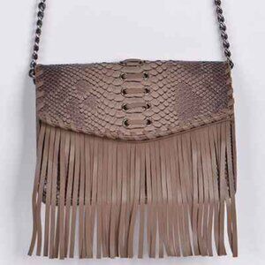 Animal Print Embossed W/ Fringe / Tassel Crossbody Bag - Boho - Brown - NWT